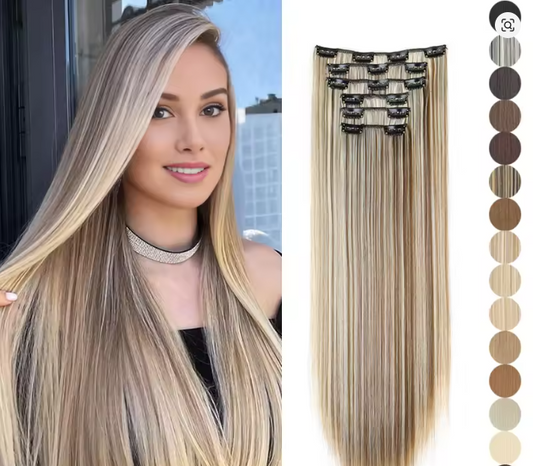 Synthetic 24Inch 16 Clips in Hair Extensions Long Straight Hairstyle Blonde Black Hairpieces Heat Resistant False Hair Daily Use