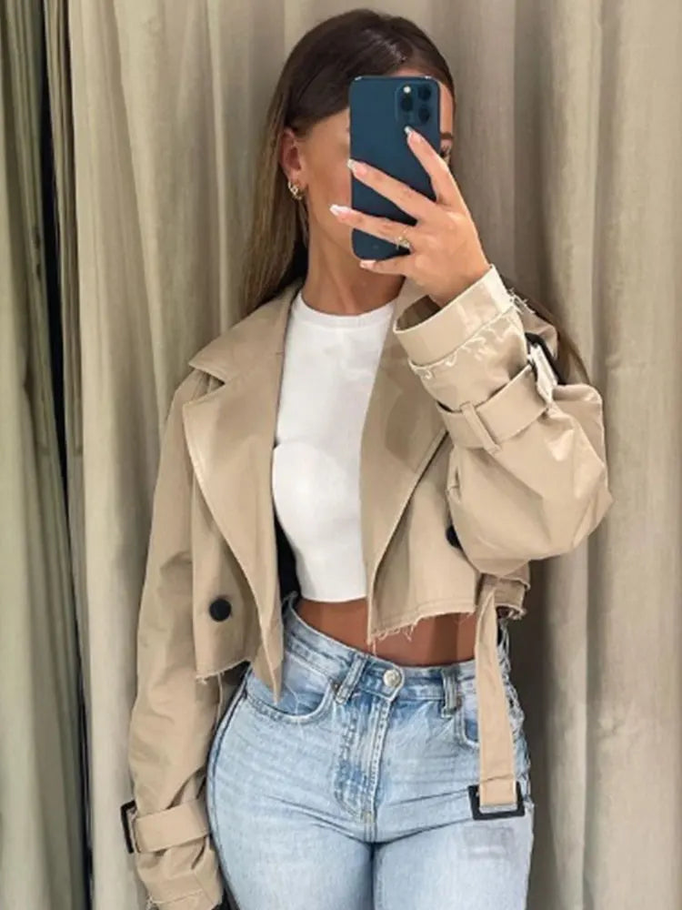 Spring cropped trench jacket with belt