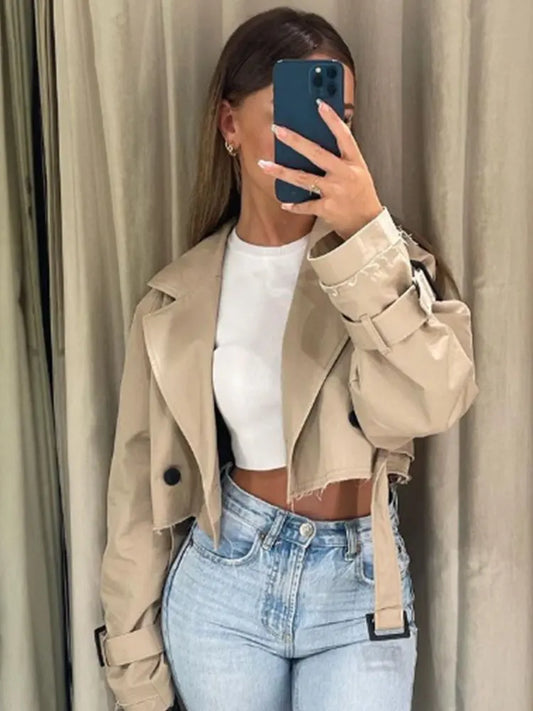 Spring cropped trench jacket with belt