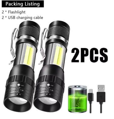 USB Rechargeable Mini Flashlight COB+XPE Portable Built-in Battery Zoomable Small Torch 3 Mode Camping Emergency Flashlights
