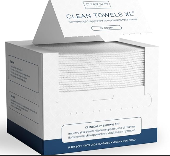 Clean Skin Club Clean Towels XL®, 100% USDA Biobased Face Towel, Disposable Face Towelette, Eczema Association Accepted, Makeup Remover Dry Wipes, Ultra Soft, 1 Pack, 50 Ct