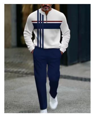 New Men's Tracksuit Spring Autumn White Striped Casual Sports Sets Round Neck Half Zipper Comfortable Size S-3XL Men's Clothing