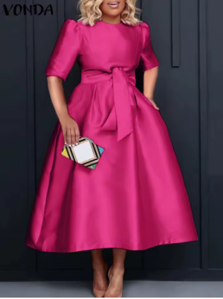 VONDA Elegant Women Satin Short Sleeve Midi Dress 2024